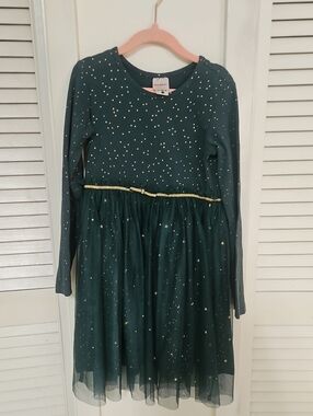 Hanna Andersson Dark Green Star Glitter Tulle Dress with Gold Trim